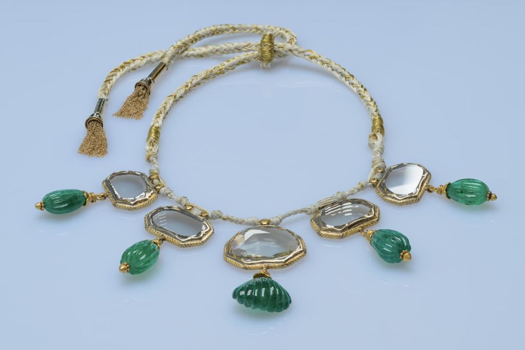 Overhead view of the complete Mughal Mirror Diamond Necklace showing its graduated silhouette.